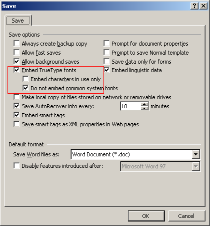 Embed font in Microsoft Word