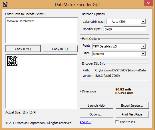 DataMatrix Encoder Dialog Options